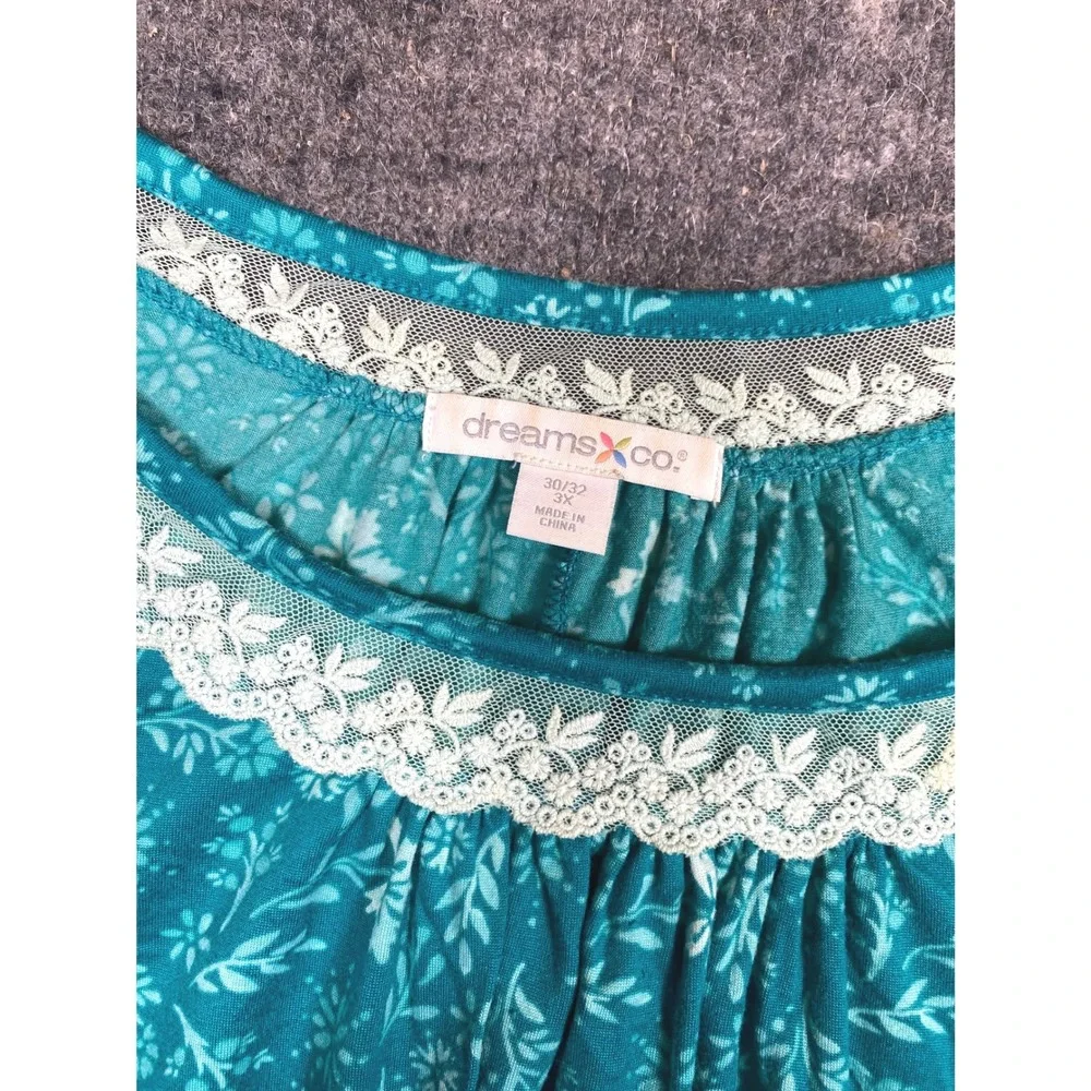 Dreams & Co Teal Floral Lace Trim Pajama Set Plus Size 3X 30/32 Short Sleeve PJ